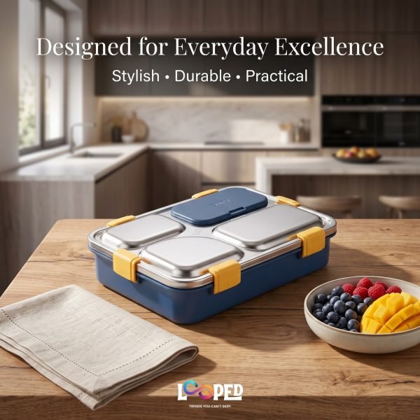 Bento Lunch Box 4 Compartment, Leakproof Food Storage Container with Spoon for Office, School & Travel