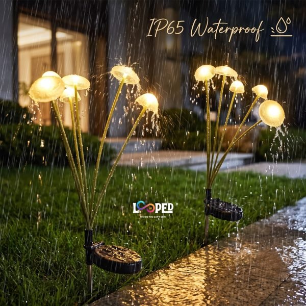 Solar Multicolor Tall Mushroom Garden Lights Set of 2, 6 LED per Light, Stainless Steel Stakes, 600mAh Rechargeable Battery, IP65 Waterproof Fairy Landscape Lights