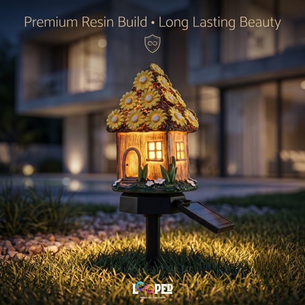 Solar Mushroom Hut Fairy Garden Light Yellow, Resin LED Outdoor Decorative Landscape Light, 600mAh Rechargeable Battery, IP65 Waterproof