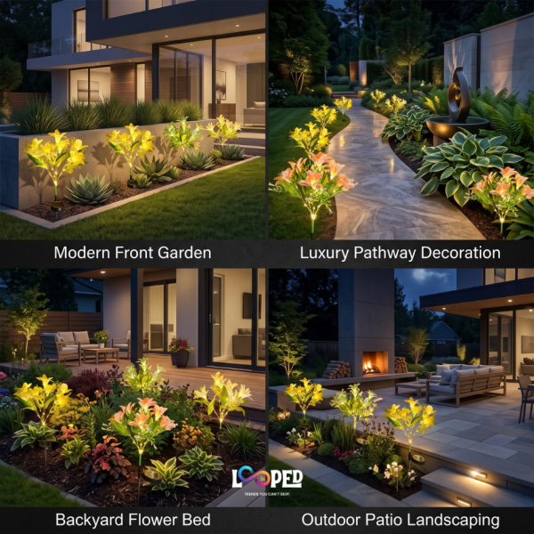 Solar Lily Flower Garden Lights Set of 2, 49 LED Decorative Flowers, Roll Cloth Petals, Stainless Steel Stakes, 600mAh Rechargeable Battery, IP65 Waterproof