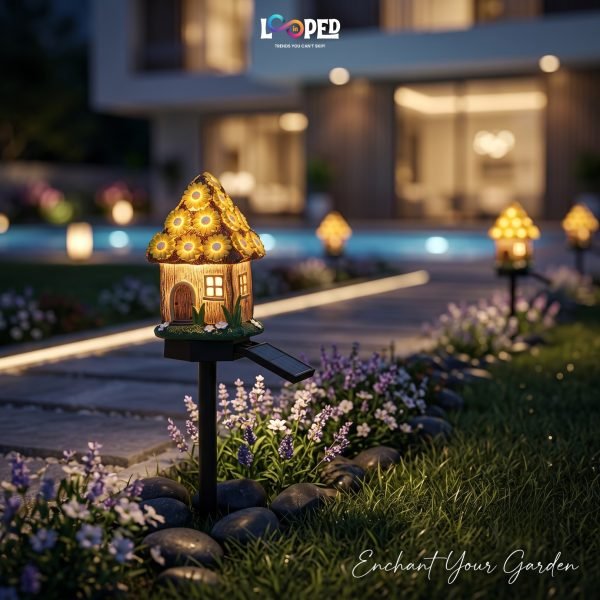 Solar Mushroom Hut Fairy Garden Light Yellow, Resin LED Outdoor Decorative Landscape Light, 600mAh Rechargeable Battery, IP65 Waterproof