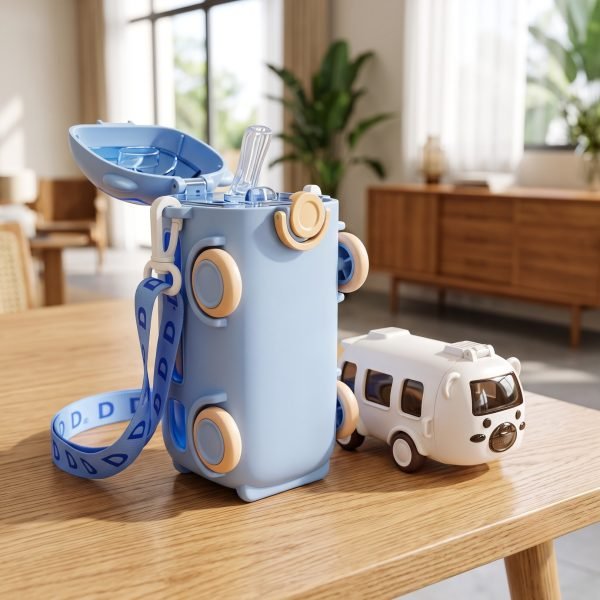 Bus Shaped Kids Water Bottle, Leakproof Straw Sipper Bottle with Shoulder Strap for School & Travel