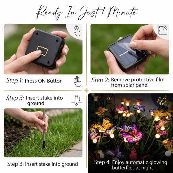 Solar Butterfly Garden Lights Set of 2, 6 LED Decorative Butterfly Lights, Roll Cloth Wings, Stainless Steel Stakes, 600mAh Rechargeable Battery, IP65 Waterproof