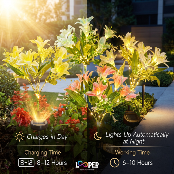 Solar Lily Flower Garden Lights Set of 2, 49 LED Decorative Flowers, Roll Cloth Petals, Stainless Steel Stakes, 600mAh Rechargeable Battery, IP65 Waterproof
