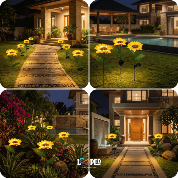 Solar Sunflower Garden Lights Set of 2, Roll Cloth Flower Petals, Stainless Steel Stakes, LED Outdoor Decorative Lights, 600mAh Rechargeable Battery, IP65 Waterproof