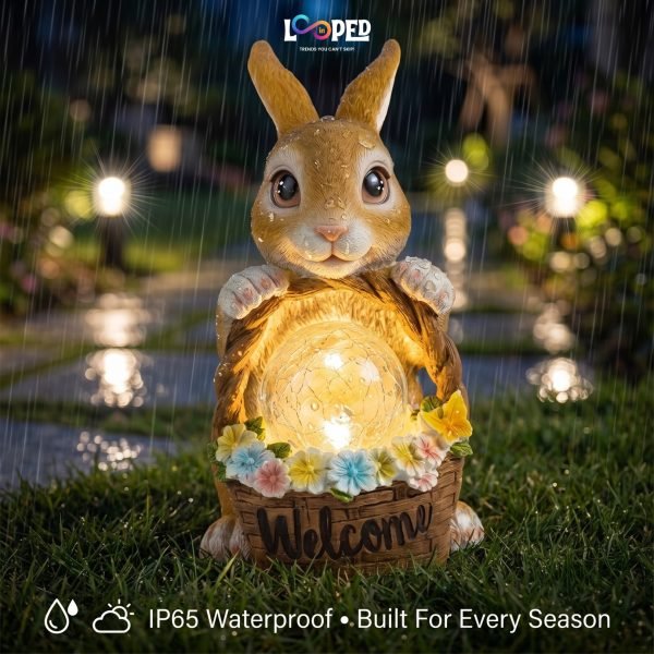 Solar Rabbit Garden Statue with Flower Basket, Resin LED Outdoor Decorative Light, 600mAh Rechargeable Battery, IP65 Waterproof, Automatic Solar Landscape Garden Light