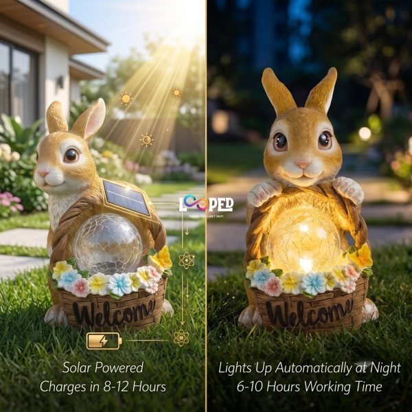 Solar Rabbit Garden Statue with Flower Basket, Resin LED Outdoor Decorative Light, 600mAh Rechargeable Battery, IP65 Waterproof, Automatic Solar Landscape Garden Light