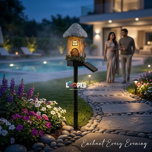 Solar Mushroom Hut Fairy Garden Light Light Blue, Resin LED Outdoor Decorative Landscape Light, 600mAh Rechargeable Battery, IP65 Waterproof
