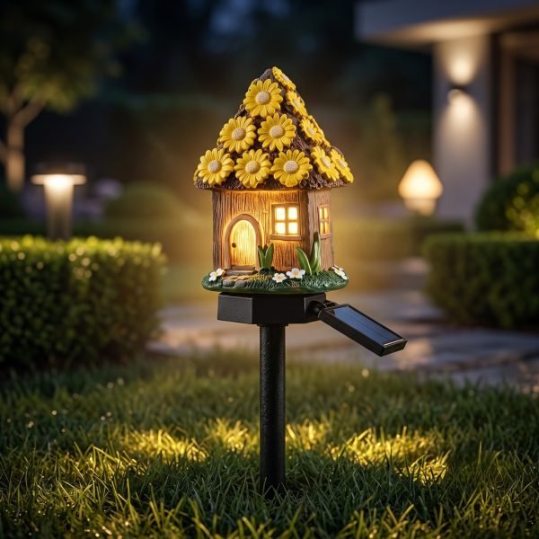 Solar Mushroom Hut Fairy Garden Light Yellow, Resin LED Outdoor Decorative Landscape Light, 600mAh Rechargeable Battery, IP65 Waterproof