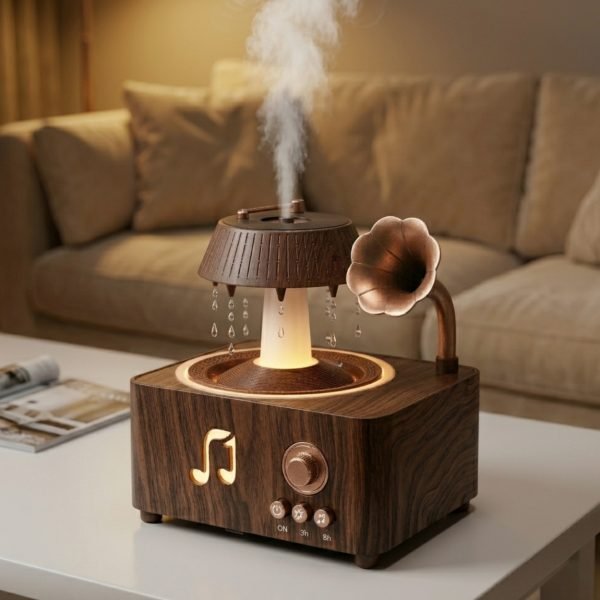Vintage Record Player Aroma Diffuser with Waterfall Mist, Bluetooth Speaker, LED Ambient Light, Essential Oil Humidifier