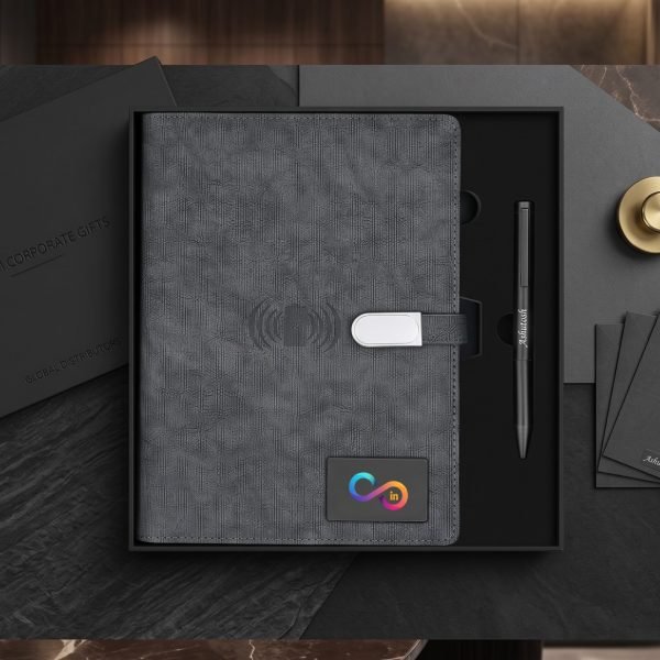 Premium Wireless Charging Notebook with 10000mAh Power Bank, Built-in Charging Cables, LED Reading Lamp & Executive Leather Organizer