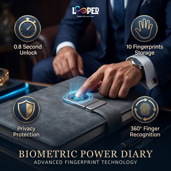 Fingerprint Lock Premium Leather Diary, 8000mAh Power Bank, LED Lamp & Wireless Charging Notebook Organizer