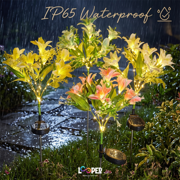 Solar Lily Flower Garden Lights Set of 2, 49 LED Decorative Flowers, Roll Cloth Petals, Stainless Steel Stakes, 600mAh Rechargeable Battery, IP65 Waterproof