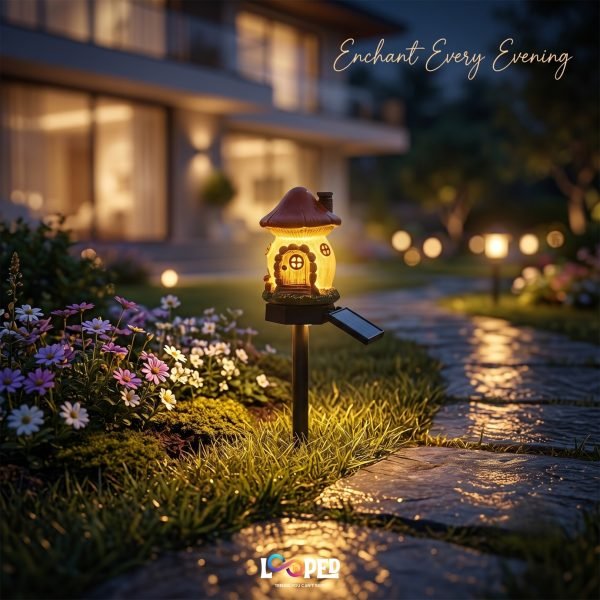 Solar Mushroom Hut Fairy Garden Light Red, Resin LED Outdoor Decorative Landscape Light, 600mAh Rechargeable Battery, IP65 Waterproof