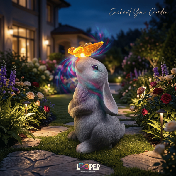 Solar Rabbit with Butterfly Garden Statue, Resin LED Outdoor Decorative Landscape Light, 600mAh Rechargeable Battery, IP65 Waterproof, Automatic Solar Garden Light
