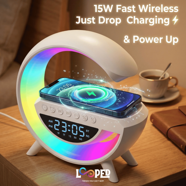 G Shape Wireless Charger with Bluetooth Speaker, LED Lamp, Alarm Clock & Fast Wireless Charging Station