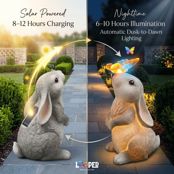 Solar Rabbit with Butterfly Garden Statue, Resin LED Outdoor Decorative Landscape Light, 600mAh Rechargeable Battery, IP65 Waterproof, Automatic Solar Garden Light