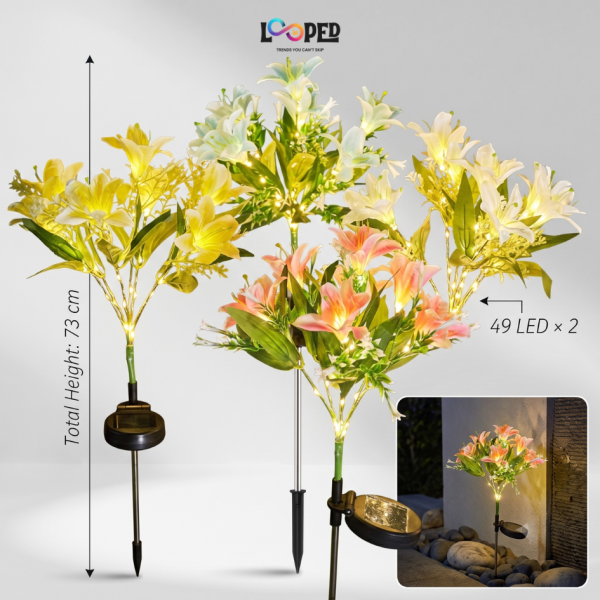 Solar Lily Flower Garden Lights Set of 2, 49 LED Decorative Flowers, Roll Cloth Petals, Stainless Steel Stakes, 600mAh Rechargeable Battery, IP65 Waterproof