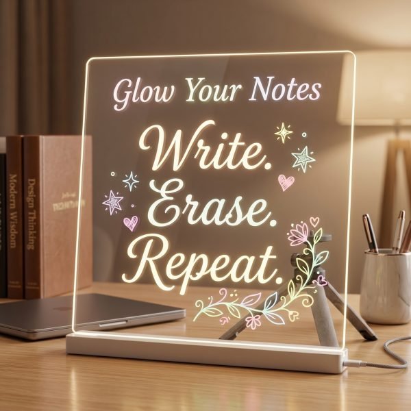 LED Acrylic Neon Message Board, Transparent Reusable Writing Board with USB Light Base for Home, Office & Study Desk