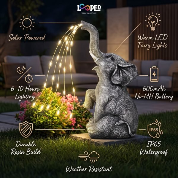 Solar Elephant Garden Statue with Water Spray Light Effect, Resin LED Outdoor Decorative Landscape Light, 600mAh Rechargeable Battery, IP65 Waterproof