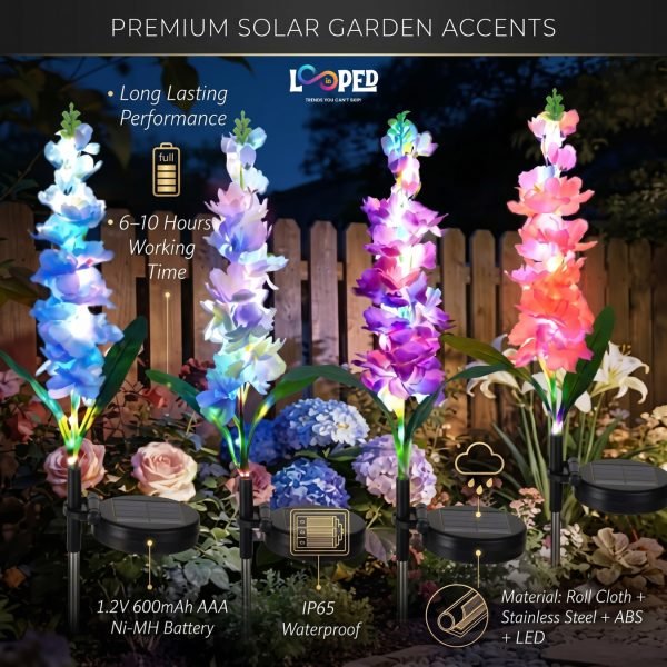 Solar Gladiolus Flower Garden Lights Set of 2, Roll Cloth Petals, Stainless Steel Stakes, LED Outdoor Decorative Lights, 600mAh Rechargeable Battery, IP65 Waterproof