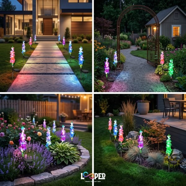 Solar Gladiolus Flower Garden Lights Set of 2, Roll Cloth Petals, Stainless Steel Stakes, LED Outdoor Decorative Lights, 600mAh Rechargeable Battery, IP65 Waterproof