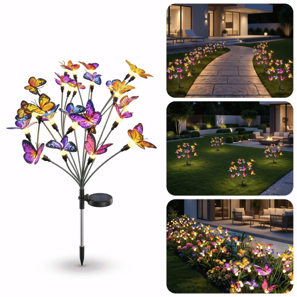 Solar Butterfly Garden Lights Set of 2, 6 LED Decorative Butterfly Lights, Roll Cloth Wings, Stainless Steel Stakes, 600mAh Rechargeable Battery, IP65 Waterproof
