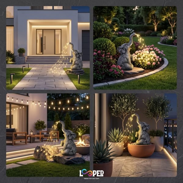 Solar Elephant Garden Statue with Water Spray Light Effect, Resin LED Outdoor Decorative Landscape Light, 600mAh Rechargeable Battery, IP65 Waterproof