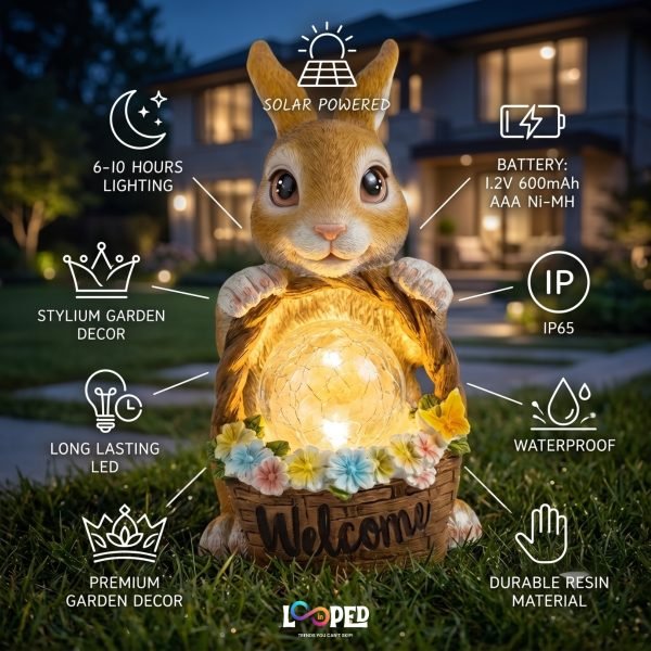 Solar Rabbit Garden Statue with Flower Basket, Resin LED Outdoor Decorative Light, 600mAh Rechargeable Battery, IP65 Waterproof, Automatic Solar Landscape Garden Light