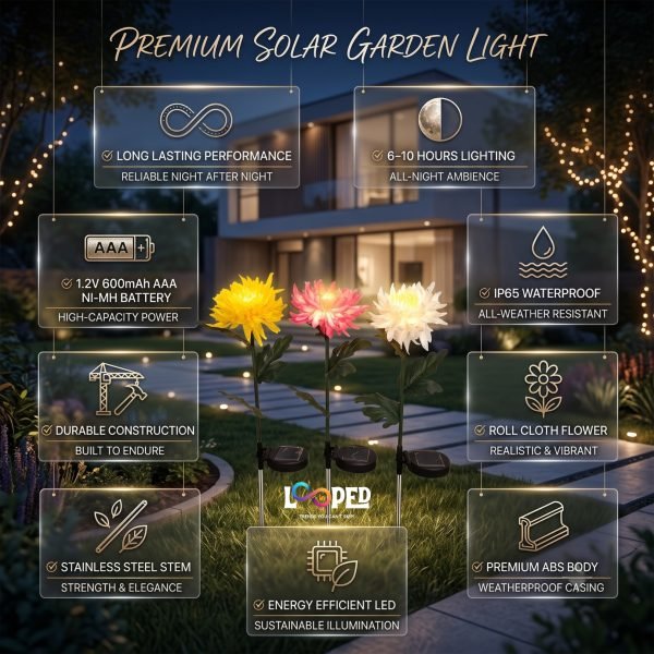 Solar Chrysanthemum Flower Garden Lights Set of 2, Roll Cloth Petals, Stainless Steel Stakes, LED Outdoor Decorative Lights, 600mAh Rechargeable Battery, IP65 Waterproof