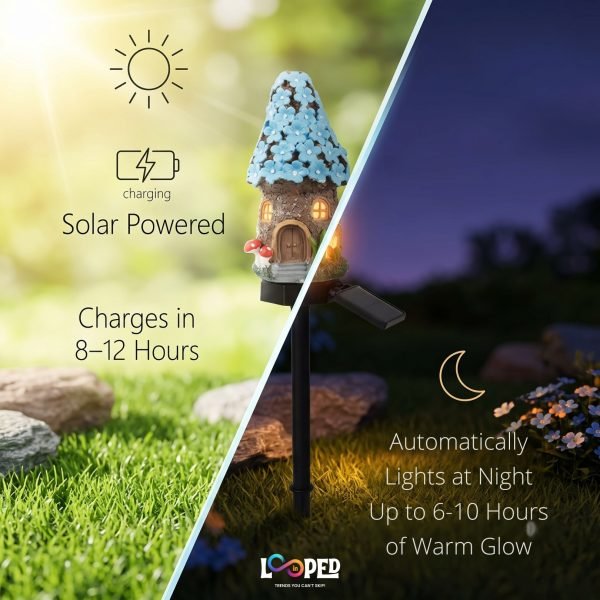 Solar Mushroom Hut Fairy Garden Light Dark Blue, Resin LED Outdoor Decorative Landscape Light, 600mAh Rechargeable Battery, IP65 Waterproof