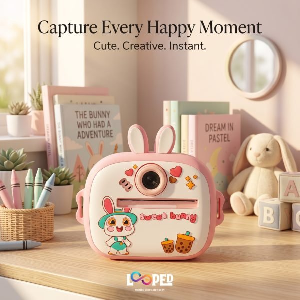 Digital Print Camera, Bunny Instant Print Camera with HD Photo, Video Recording, Selfie Camera & Rechargeable Battery