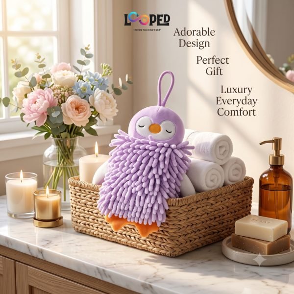 Cute Penguin Chenille Hand Towel, Soft Hanging Hand Dry Towel for Kitchen, Bathroom & Kids Room