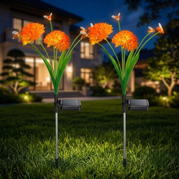 Solar Mrhephaestus Flower Garden Lights Set of 2, 6 LED per Flower, Roll Cloth Petals, Stainless Steel Stakes, 600mAh Rechargeable Battery, IP65 Waterproof Outdoor Decorative Lights