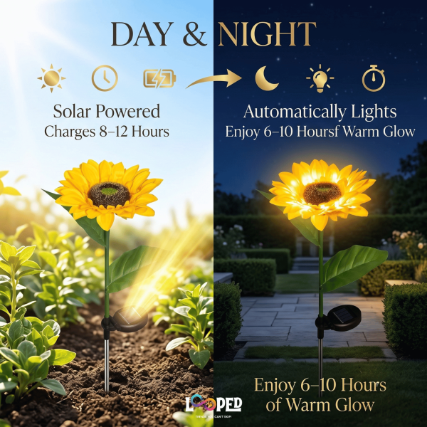 Solar Sunflower Garden Lights Set of 2, Roll Cloth Flower Petals, Stainless Steel Stakes, LED Outdoor Decorative Lights, 600mAh Rechargeable Battery, IP65 Waterproof