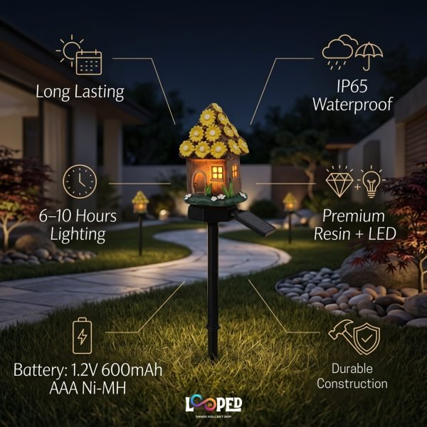 Solar Mushroom Hut Fairy Garden Light Yellow, Resin LED Outdoor Decorative Landscape Light, 600mAh Rechargeable Battery, IP65 Waterproof