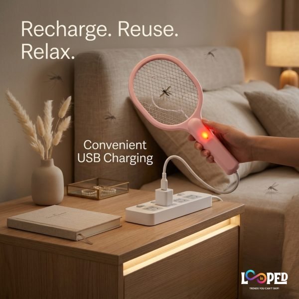 USB Rechargeable Mini Electric Mosquito Racket, Portable Bug Zapper with LED Light for Indoor & Outdoor Use
