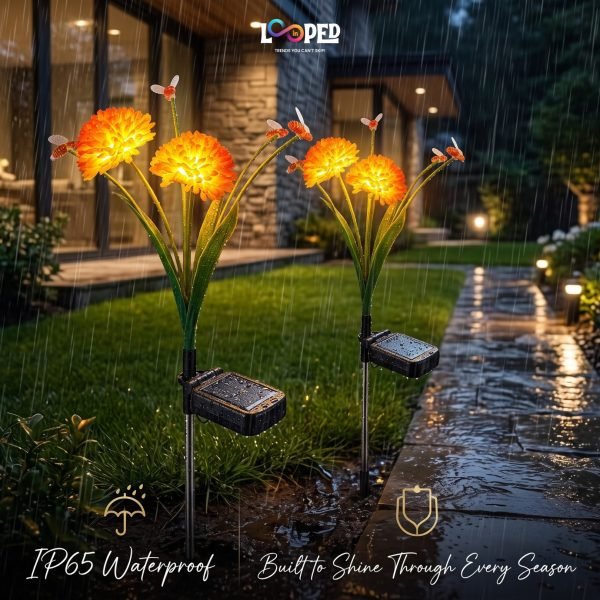 Solar Mrhephaestus Flower Garden Lights Set of 2, 6 LED per Flower, Roll Cloth Petals, Stainless Steel Stakes, 600mAh Rechargeable Battery, IP65 Waterproof Outdoor Decorative Lights