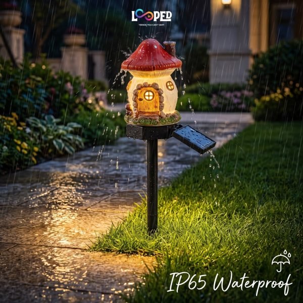 Solar Mushroom Hut Fairy Garden Light Red, Resin LED Outdoor Decorative Landscape Light, 600mAh Rechargeable Battery, IP65 Waterproof