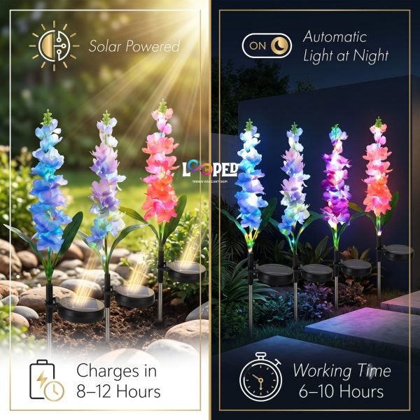 Solar Gladiolus Flower Garden Lights Set of 2, Roll Cloth Petals, Stainless Steel Stakes, LED Outdoor Decorative Lights, 600mAh Rechargeable Battery, IP65 Waterproof