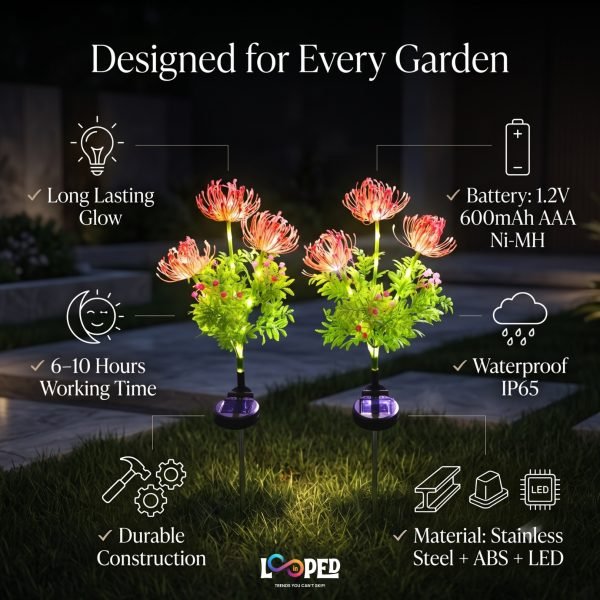 Solar Dandelion Flower Garden Lights Set of 2, 42 LED Firework Lights, ABS & Stainless Steel, 600mAh Rechargeable Battery, IP65 Waterproof Outdoor Landscape Decoration