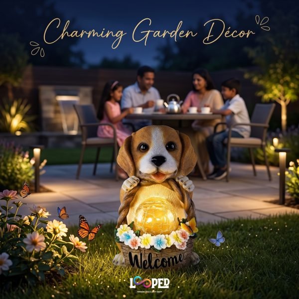 Solar Puppy Garden Statue with Flower Basket, Resin LED Outdoor Decorative Light, 600mAh Rechargeable Battery, IP65 Waterproof, Automatic Solar Garden Landscape Light