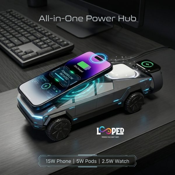 3 in 1 Cybertruck Wireless Charging Station with Fast Wireless Charger, Night Lamp & Phone Stand for iPhone, Samsung & AirPods