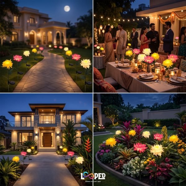 Solar Chrysanthemum Flower Garden Lights Set of 2, Roll Cloth Petals, Stainless Steel Stakes, LED Outdoor Decorative Lights, 600mAh Rechargeable Battery, IP65 Waterproof