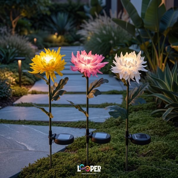 Solar Chrysanthemum Flower Garden Lights Set of 2, Roll Cloth Petals, Stainless Steel Stakes, LED Outdoor Decorative Lights, 600mAh Rechargeable Battery, IP65 Waterproof