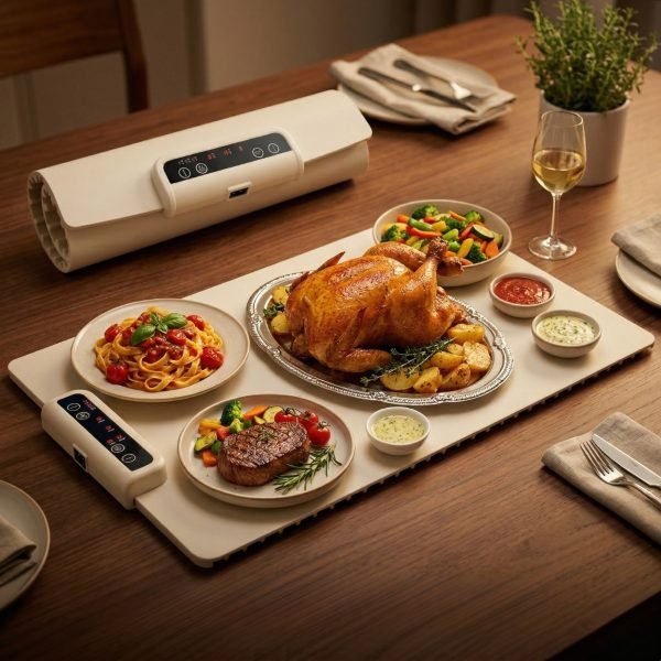Food Warming Mat, Foldable Silicone Heating Tray with Adjustable Temperature, Timer & Keep Warm Function for Dining Table