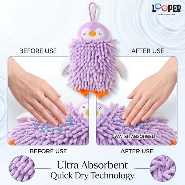 Cute Penguin Chenille Hand Towel, Soft Hanging Hand Dry Towel for Kitchen, Bathroom & Kids Room
