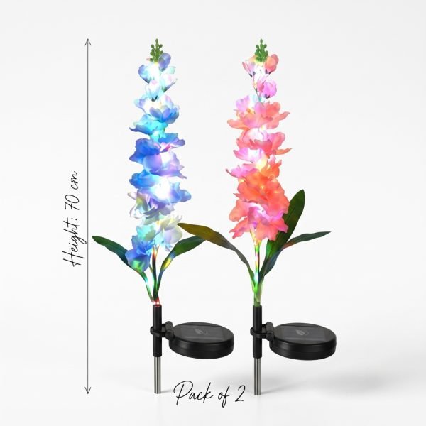 Solar Gladiolus Flower Garden Lights Set of 2, Roll Cloth Petals, Stainless Steel Stakes, LED Outdoor Decorative Lights, 600mAh Rechargeable Battery, IP65 Waterproof