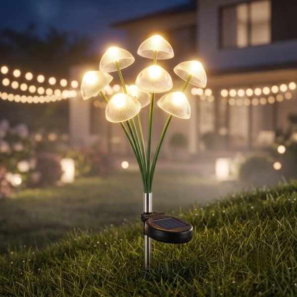 Solar Multicolor Tall Mushroom Garden Lights Set of 2, 6 LED per Light, Stainless Steel Stakes, 600mAh Rechargeable Battery, IP65 Waterproof Fairy Landscape Lights