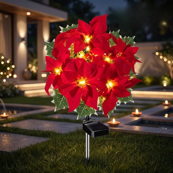 Solar Poinsettia Flower Garden Lights Set of 2 Flowers, 3 LED per Flower, Roll Cloth Petals, Stainless Steel Stakes, 600mAh Rechargeable Battery, IP65 Waterproof Outdoor Decorative Lights